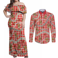 Red Palaka Hawaii Mele Kalikimaka Couples Matching Off Shoulder Maxi Dress and Long Sleeve Button Shirt Ohia Lehua Shell Leis Funny Gingerbread Santa LT14 Red - Polynesian Pride