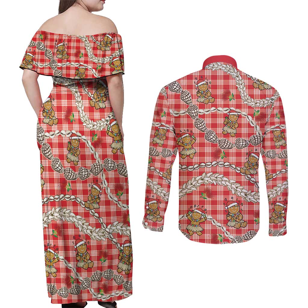 Red Palaka Hawaii Mele Kalikimaka Couples Matching Off Shoulder Maxi Dress and Long Sleeve Button Shirt Ohia Lehua Shell Leis Funny Gingerbread Santa LT14 - Polynesian Pride