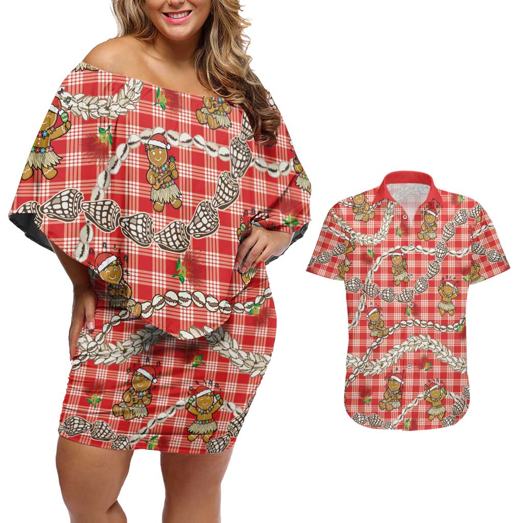 Red Palaka Hawaii Mele Kalikimaka Couples Matching Off Shoulder Short Dress and Hawaiian Shirt Ohia Lehua Shell Leis Funny Gingerbread Santa LT14 Red - Polynesian Pride