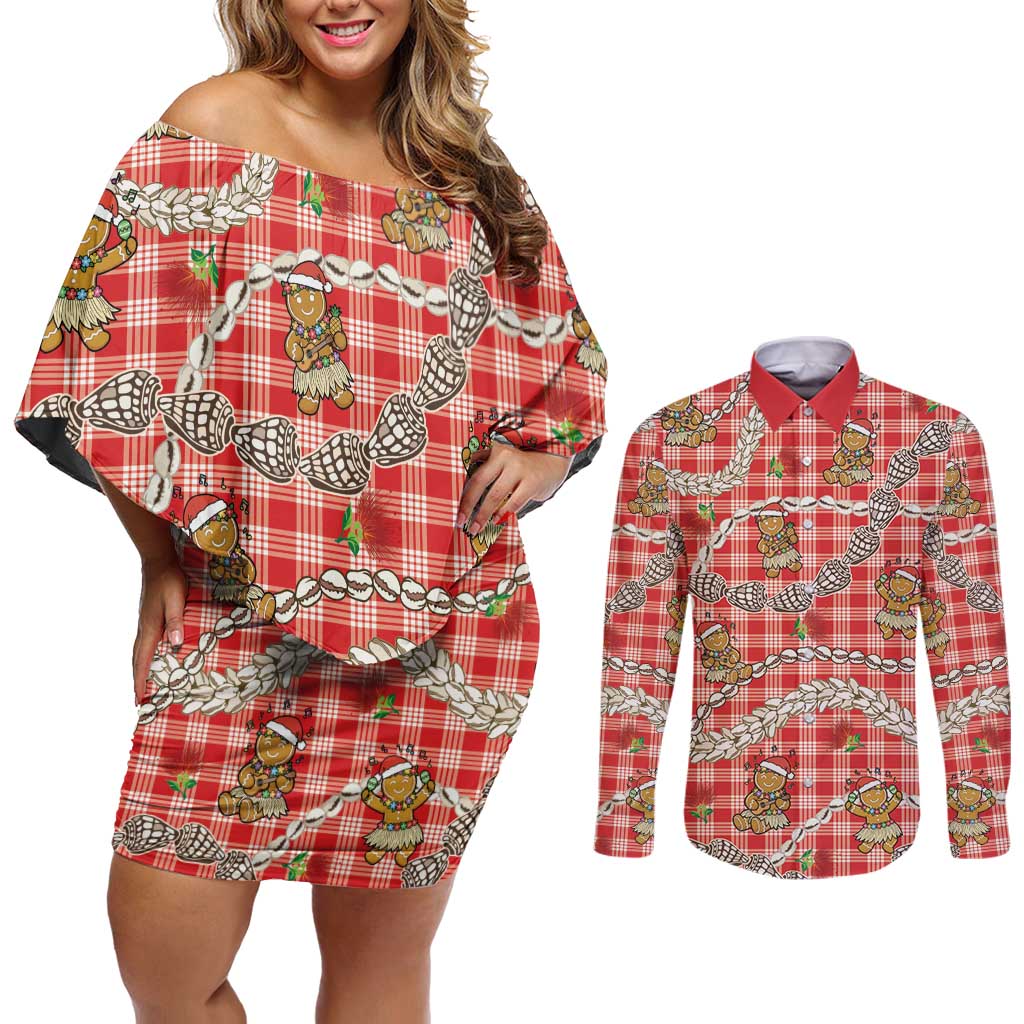 Red Palaka Hawaii Mele Kalikimaka Couples Matching Off Shoulder Short Dress and Long Sleeve Button Shirt Ohia Lehua Shell Leis Funny Gingerbread Santa LT14 Red - Polynesian Pride