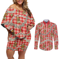 Red Palaka Hawaii Mele Kalikimaka Couples Matching Off Shoulder Short Dress and Long Sleeve Button Shirt Ohia Lehua Shell Leis Funny Gingerbread Santa LT14 Red - Polynesian Pride