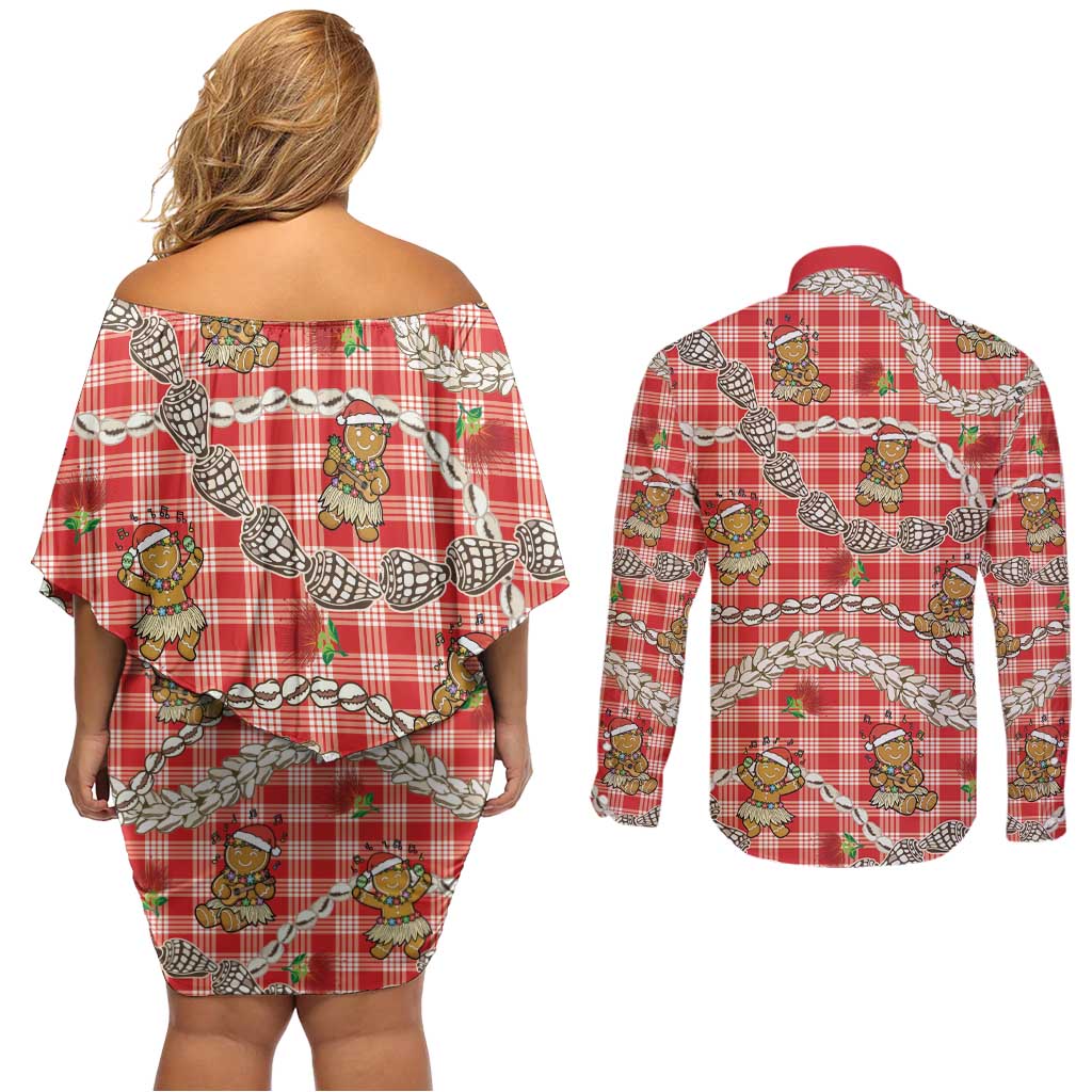 Red Palaka Hawaii Mele Kalikimaka Couples Matching Off Shoulder Short Dress and Long Sleeve Button Shirt Ohia Lehua Shell Leis Funny Gingerbread Santa LT14 - Polynesian Pride