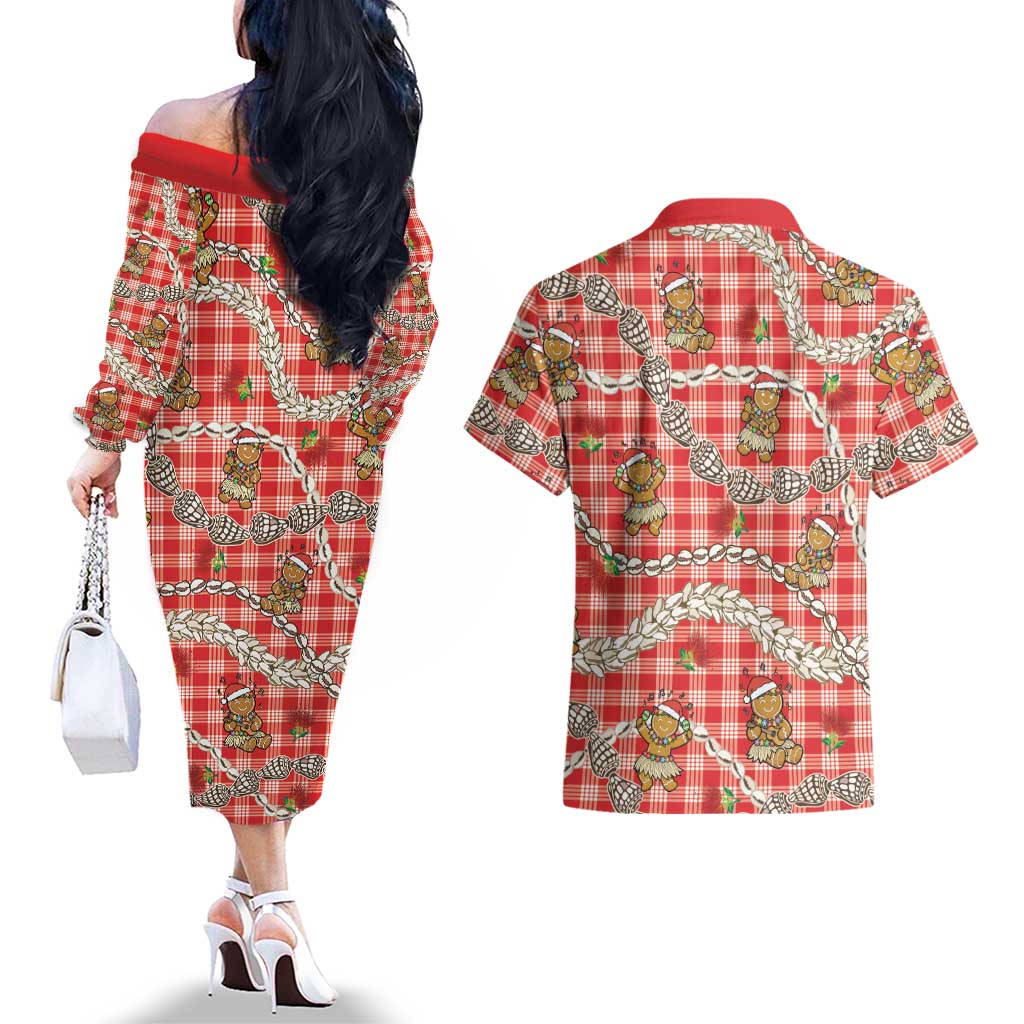 Red Palaka Hawaii Mele Kalikimaka Couples Matching Off The Shoulder Long Sleeve Dress and Hawaiian Shirt Ohia Lehua Shell Leis Funny Gingerbread Santa LT14 - Polynesian Pride
