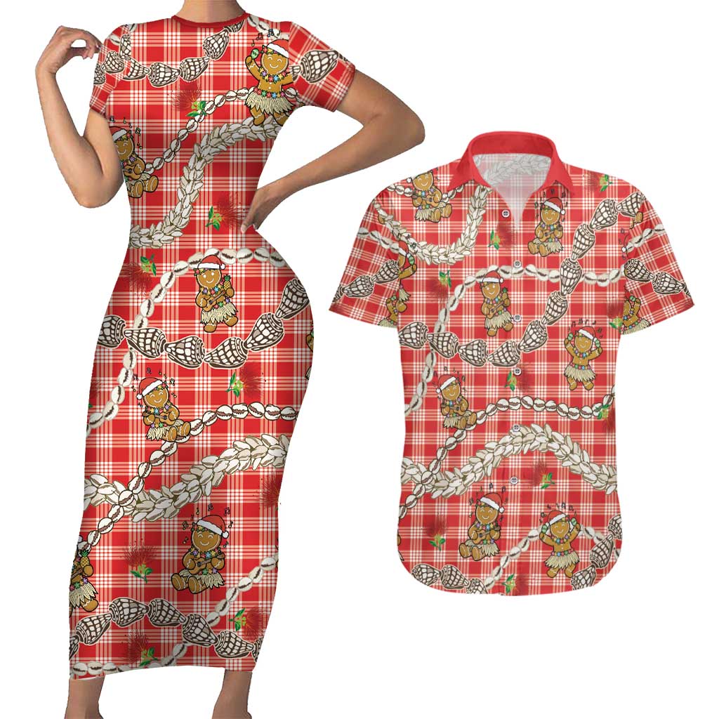 Red Palaka Hawaii Mele Kalikimaka Couples Matching Short Sleeve Bodycon Dress and Hawaiian Shirt Ohia Lehua Shell Leis Funny Gingerbread Santa LT14 Red - Polynesian Pride