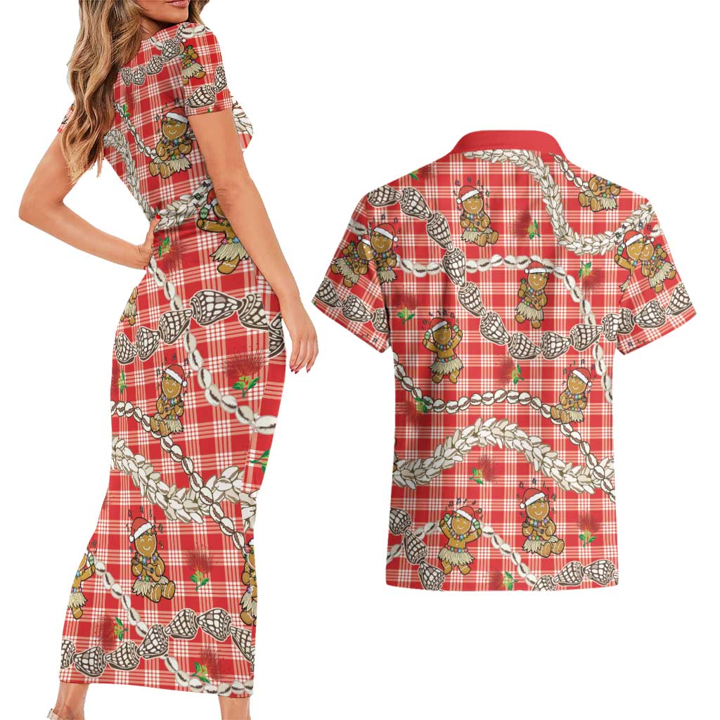 Red Palaka Hawaii Mele Kalikimaka Couples Matching Short Sleeve Bodycon Dress and Hawaiian Shirt Ohia Lehua Shell Leis Funny Gingerbread Santa LT14 - Polynesian Pride