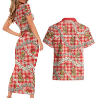 Red Palaka Hawaii Mele Kalikimaka Couples Matching Short Sleeve Bodycon Dress and Hawaiian Shirt Ohia Lehua Shell Leis Funny Gingerbread Santa LT14 - Polynesian Pride