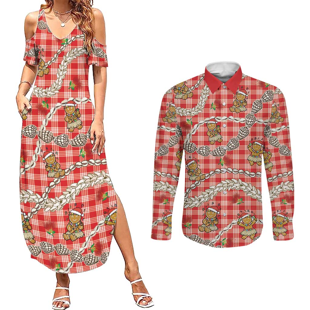 Red Palaka Hawaii Mele Kalikimaka Couples Matching Summer Maxi Dress and Long Sleeve Button Shirt Ohia Lehua Shell Leis Funny Gingerbread Santa LT14 Red - Polynesian Pride
