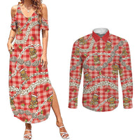 Red Palaka Hawaii Mele Kalikimaka Couples Matching Summer Maxi Dress and Long Sleeve Button Shirt Ohia Lehua Shell Leis Funny Gingerbread Santa LT14 Red - Polynesian Pride