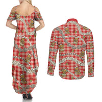 Red Palaka Hawaii Mele Kalikimaka Couples Matching Summer Maxi Dress and Long Sleeve Button Shirt Ohia Lehua Shell Leis Funny Gingerbread Santa LT14 - Polynesian Pride
