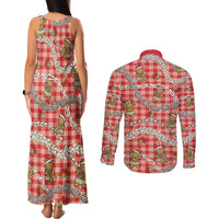 Red Palaka Hawaii Mele Kalikimaka Couples Matching Tank Maxi Dress and Long Sleeve Button Shirt Ohia Lehua Shell Leis Funny Gingerbread Santa LT14 - Polynesian Pride