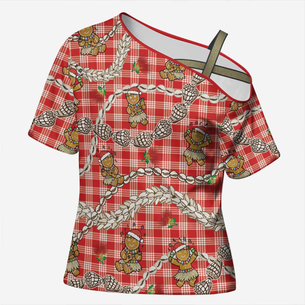 Red Palaka Hawaii Mele Kalikimaka Cross Shoulder Shirt Ohia Lehua Shell Leis Funny Gingerbread Santa LT14 Female Red - Polynesian Pride