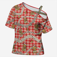 Red Palaka Hawaii Mele Kalikimaka Cross Shoulder Shirt Ohia Lehua Shell Leis Funny Gingerbread Santa LT14 Female Red - Polynesian Pride