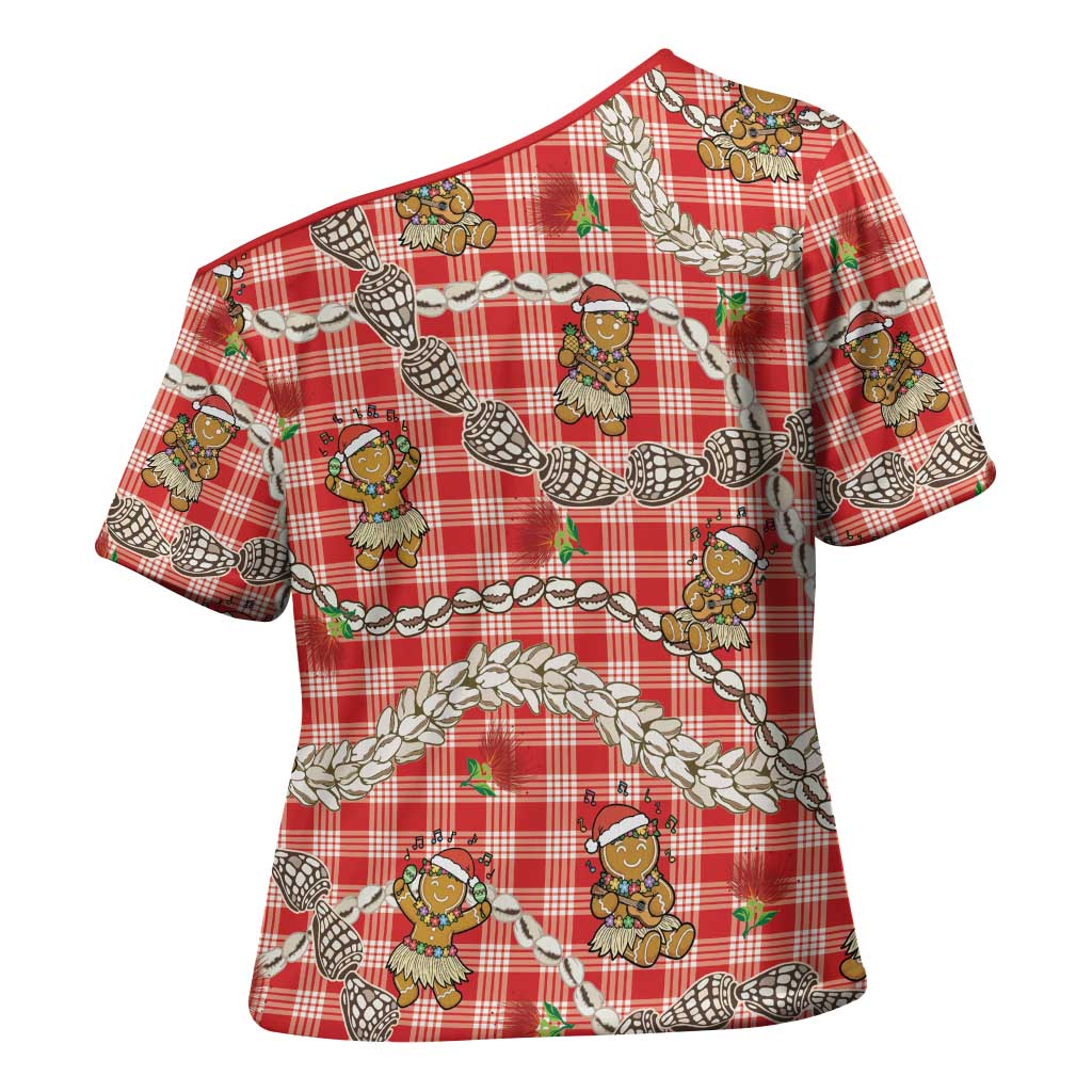Red Palaka Hawaii Mele Kalikimaka Cross Shoulder Shirt Ohia Lehua Shell Leis Funny Gingerbread Santa LT14 - Polynesian Pride