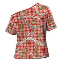 Red Palaka Hawaii Mele Kalikimaka Cross Shoulder Shirt Ohia Lehua Shell Leis Funny Gingerbread Santa LT14 - Polynesian Pride