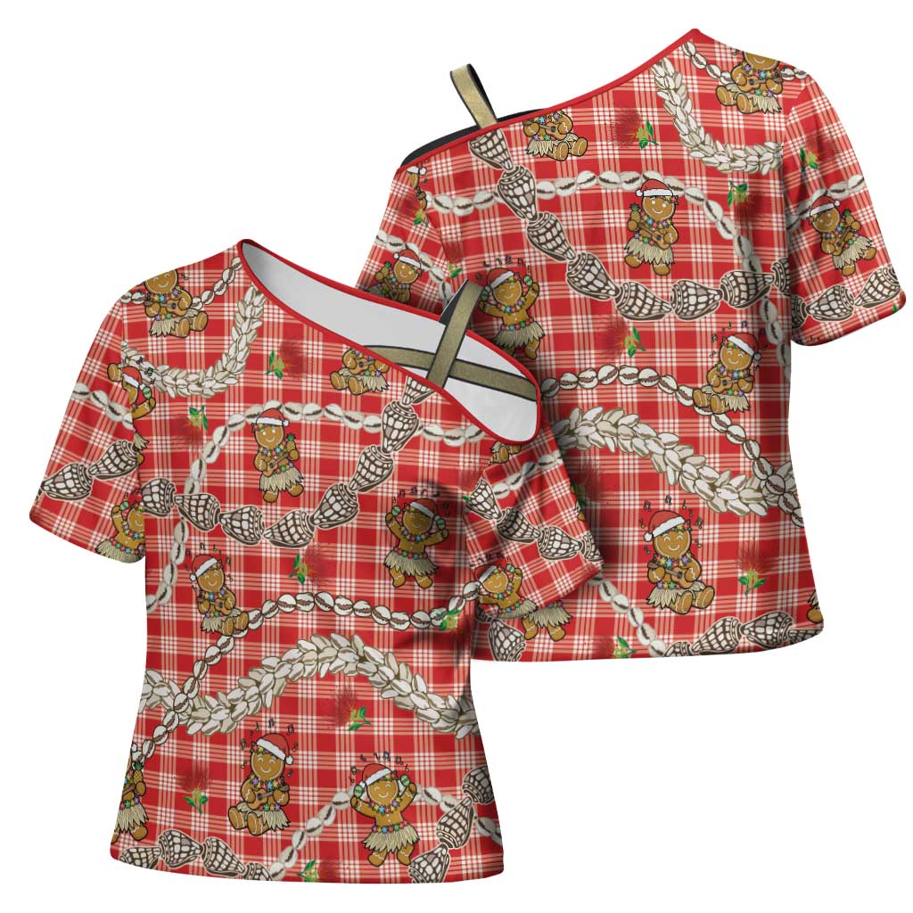 Red Palaka Hawaii Mele Kalikimaka Cross Shoulder Shirt Ohia Lehua Shell Leis Funny Gingerbread Santa LT14 - Polynesian Pride