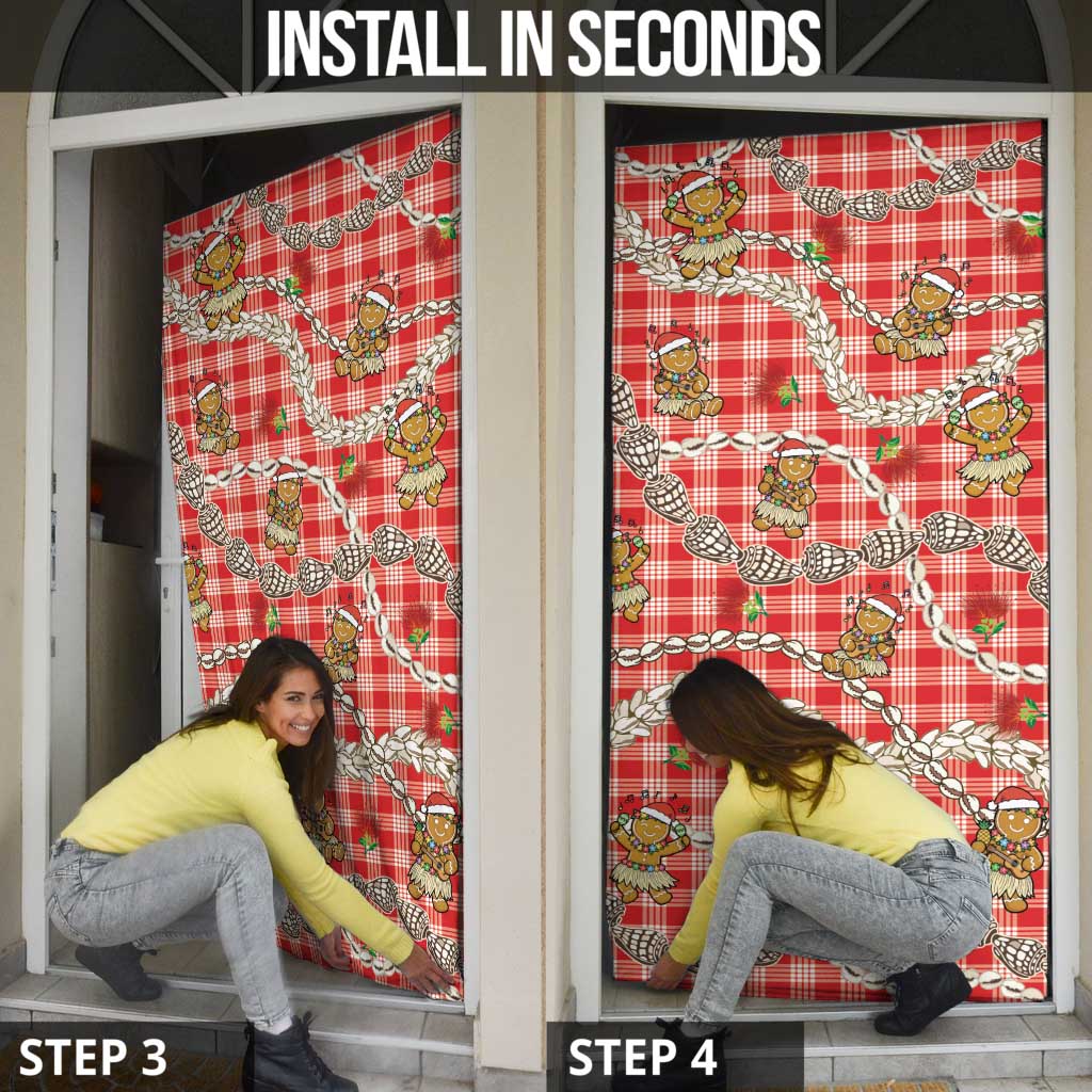 Red Palaka Hawaii Mele Kalikimaka Door Cover Ohia Lehua Shell Leis Funny Gingerbread Santa LT14 - Polynesian Pride