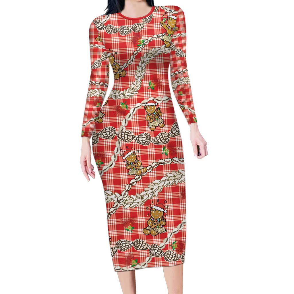 Red Palaka Hawaii Mele Kalikimaka Family Matching Long Sleeve Bodycon Dress and Hawaiian Shirt Ohia Lehua Shell Leis Funny Gingerbread Santa LT14 Red - Polynesian Pride
