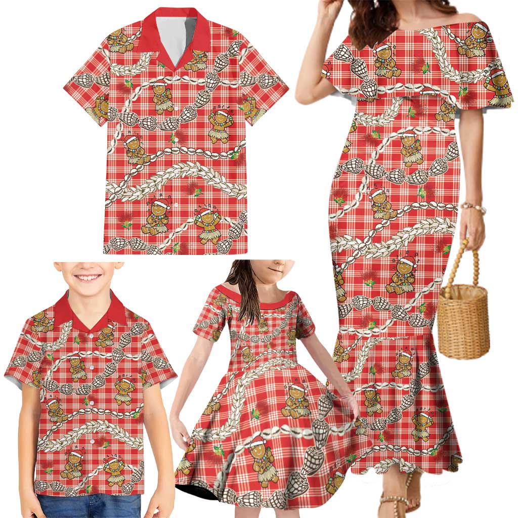 Red Palaka Hawaii Mele Kalikimaka Family Matching Mermaid Dress and Hawaiian Shirt Ohia Lehua Shell Leis Funny Gingerbread Santa LT14 - Polynesian Pride