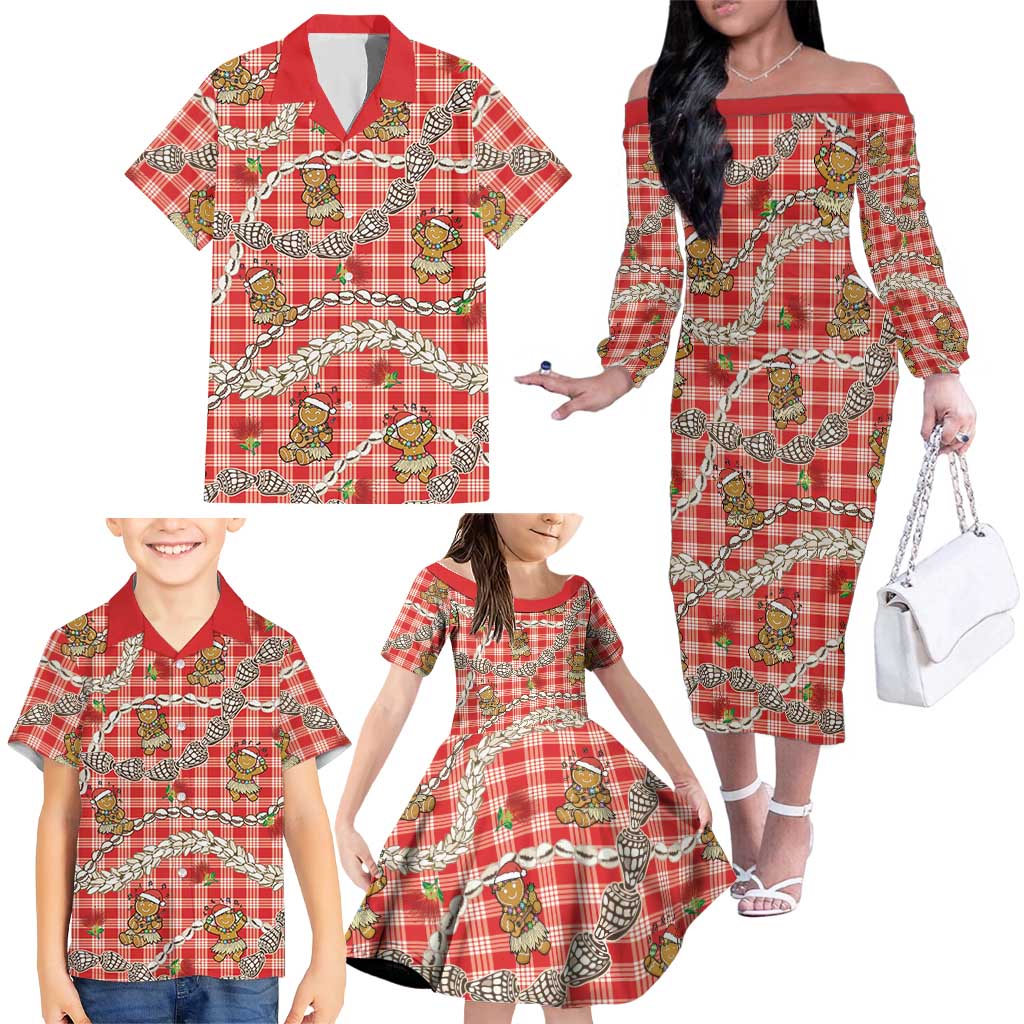 Red Palaka Hawaii Mele Kalikimaka Family Matching Off The Shoulder Long Sleeve Dress and Hawaiian Shirt Ohia Lehua Shell Leis Funny Gingerbread Santa LT14 - Polynesian Pride