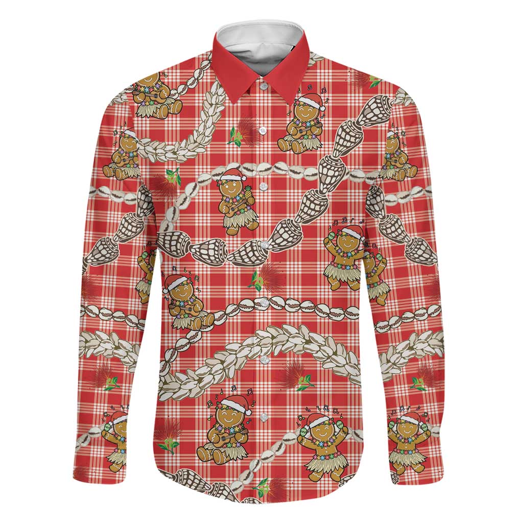 Red Palaka Hawaii Mele Kalikimaka Family Matching Off Shoulder Maxi Dress and Hawaiian Shirt Ohia Lehua Shell Leis Funny Gingerbread Santa LT14 Dad's Shirt - Long Sleeve Red - Polynesian Pride