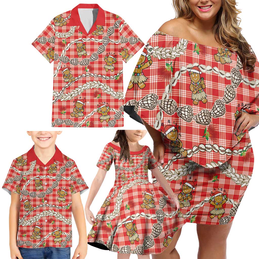 Red Palaka Hawaii Mele Kalikimaka Family Matching Off Shoulder Short Dress and Hawaiian Shirt Ohia Lehua Shell Leis Funny Gingerbread Santa LT14 - Polynesian Pride