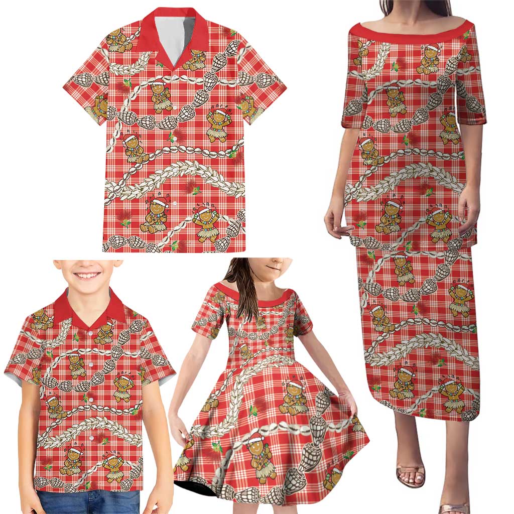 Red Palaka Hawaii Mele Kalikimaka Family Matching Puletasi and Hawaiian Shirt Ohia Lehua Shell Leis Funny Gingerbread Santa LT14 - Polynesian Pride