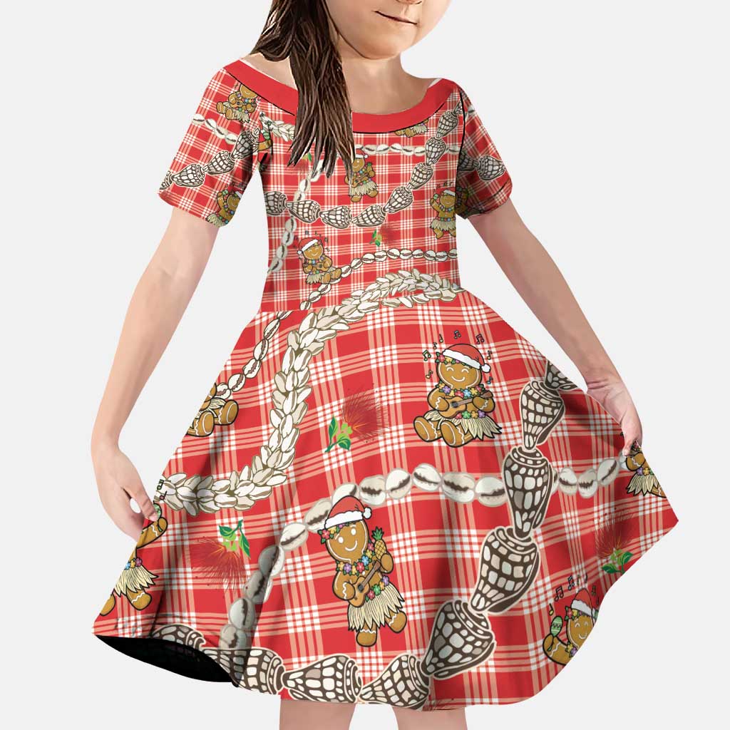 Red Palaka Hawaii Mele Kalikimaka Family Matching Summer Maxi Dress and Hawaiian Shirt Ohia Lehua Shell Leis Funny Gingerbread Santa LT14 Daughter's Dress Red - Polynesian Pride