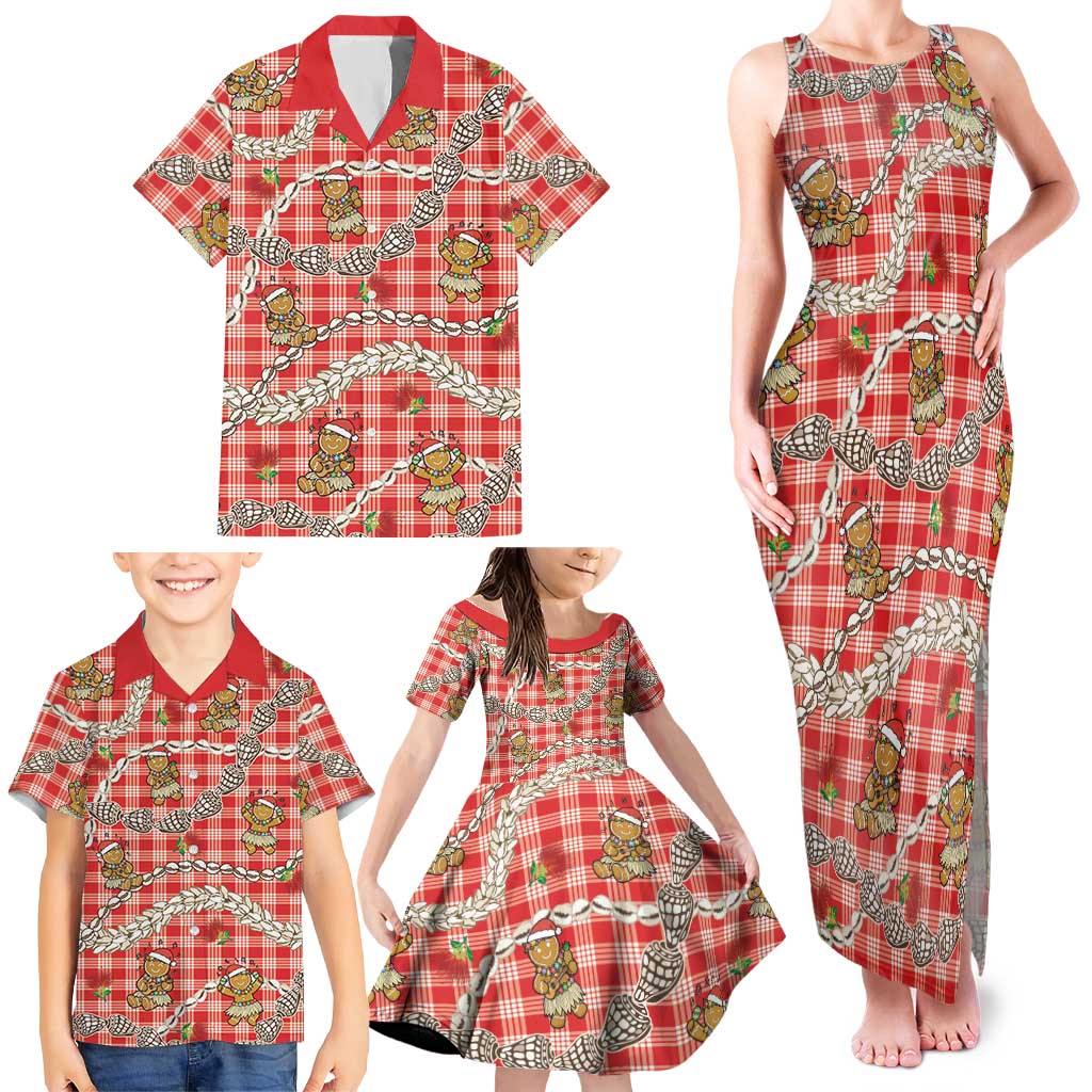 Red Palaka Hawaii Mele Kalikimaka Family Matching Tank Maxi Dress and Hawaiian Shirt Ohia Lehua Shell Leis Funny Gingerbread Santa - Polynesian Pride
