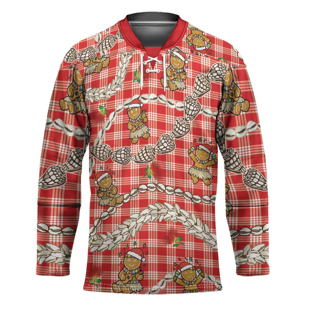 Red Palaka Hawaii Mele Kalikimaka Hockey Jersey Ohia Lehua Shell Leis Funny Gingerbread Santa LT14 Unisex Red - Polynesian Pride