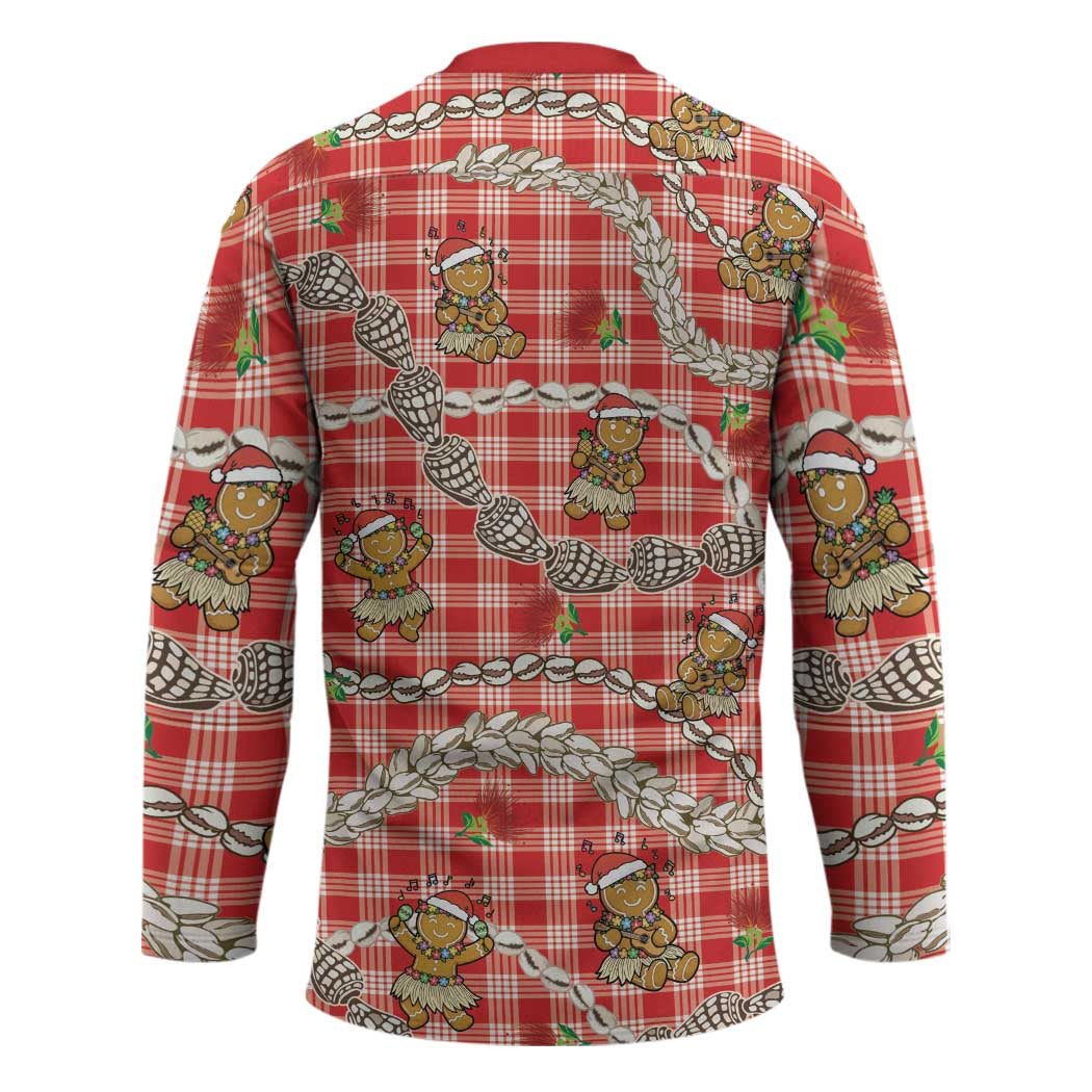 Red Palaka Hawaii Mele Kalikimaka Hockey Jersey Ohia Lehua Shell Leis Funny Gingerbread Santa LT14 - Polynesian Pride