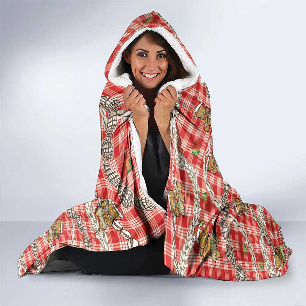 Red Palaka Hawaii Mele Kalikimaka Hooded Blanket Ohia Lehua Shell Leis Funny Gingerbread Santa - Polynesian Pride