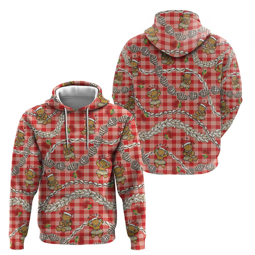 Red Palaka Hawaii Mele Kalikimaka Hoodie Ohia Lehua Shell Leis Funny Gingerbread Santa LT14 - Polynesian Pride