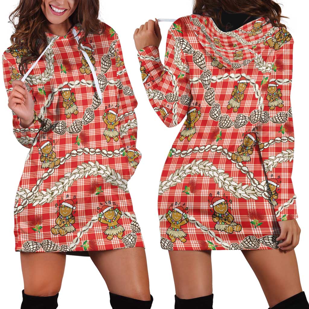 Red Palaka Hawaii Mele Kalikimaka Hoodie Dress Ohia Lehua Shell Leis Funny Gingerbread Santa LT14 - Polynesian Pride