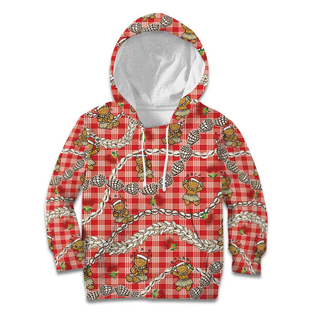 Red Palaka Hawaii Mele Kalikimaka Kid Hoodie Ohia Lehua Shell Leis Funny Gingerbread Santa - Polynesian Pride
