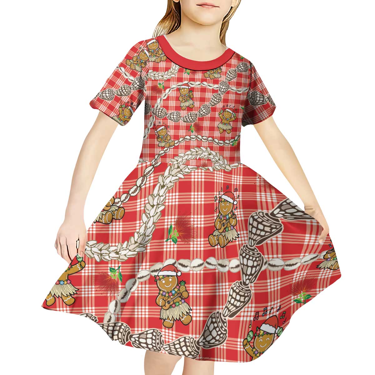 Red Palaka Hawaii Mele Kalikimaka Kid Short Sleeve Dress Ohia Lehua Shell Leis Funny Gingerbread Santa LT14 - Polynesian Pride