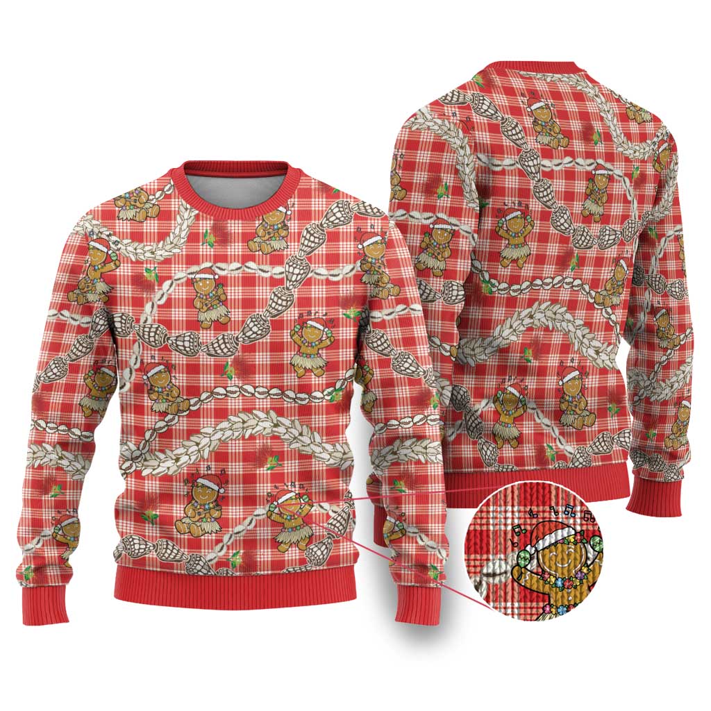 Red Palaka Hawaii Mele Kalikimaka Ugly Christmas Sweater Ohia Lehua Shell Leis Funny Gingerbread Santa - Polynesian Pride