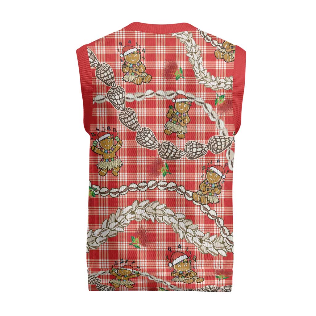Red Palaka Hawaii Mele Kalikimaka Christmas Knitted V-Neck Vest Ohia Lehua Shell Leis Funny Gingerbread Santa LT14 - Polynesian Pride