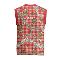 Red Palaka Hawaii Mele Kalikimaka Christmas Knitted V-Neck Vest Ohia Lehua Shell Leis Funny Gingerbread Santa LT14 - Polynesian Pride