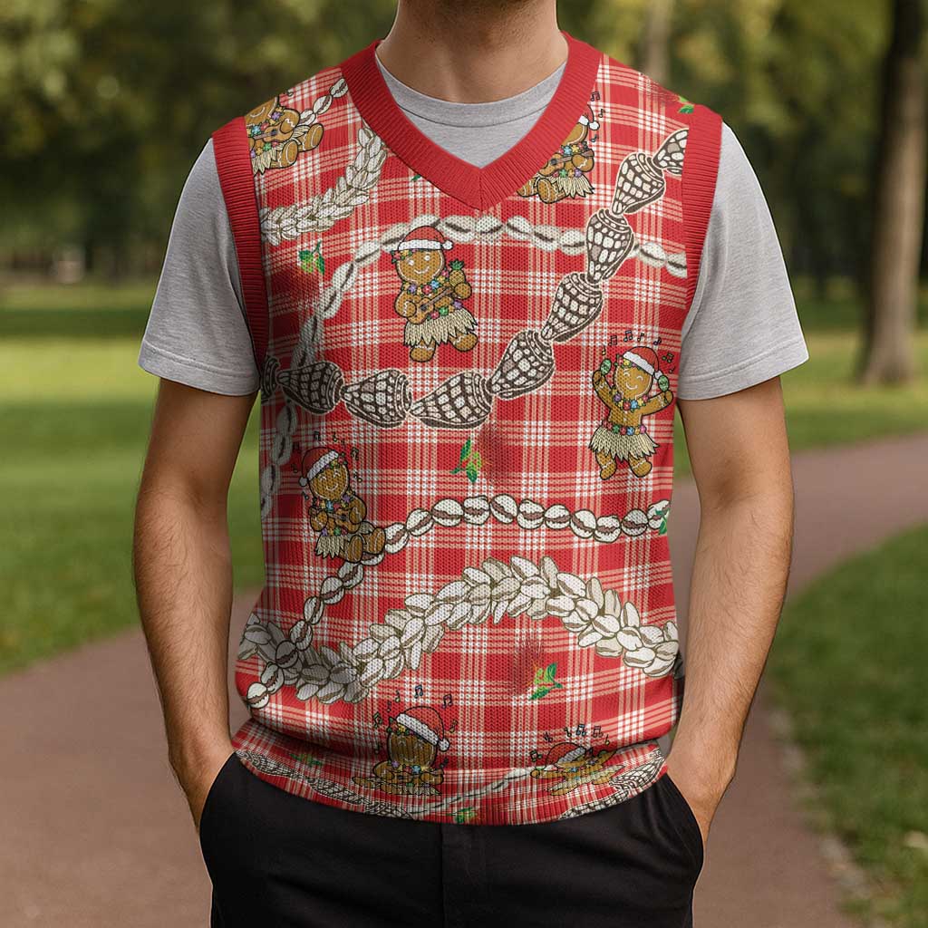 Red Palaka Hawaii Mele Kalikimaka Christmas Knitted V-Neck Vest Ohia Lehua Shell Leis Funny Gingerbread Santa LT14 - Polynesian Pride