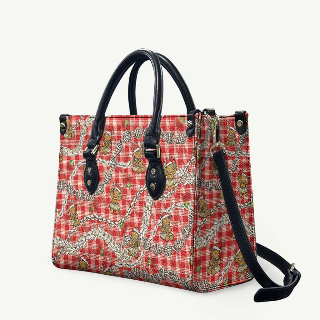 Red Palaka Hawaii Mele Kalikimaka Leather Bag Ohia Lehua Shell Leis Funny Gingerbread Santa - Polynesian Pride