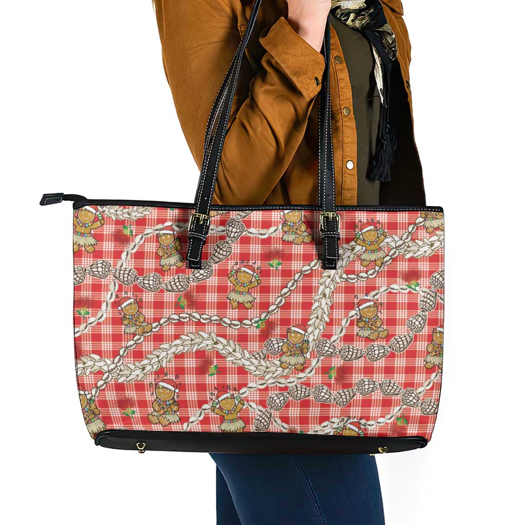 Red Palaka Hawaii Mele Kalikimaka Leather Tote Bag Ohia Lehua Shell Leis Funny Gingerbread Santa - Polynesian Pride