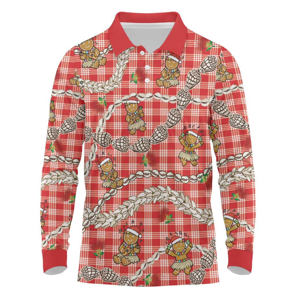 Red Palaka Hawaii Mele Kalikimaka Long Sleeve Polo Shirt Ohia Lehua Shell Leis Funny Gingerbread Santa LT14 Red - Polynesian Pride