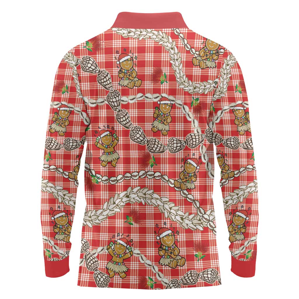 Red Palaka Hawaii Mele Kalikimaka Long Sleeve Polo Shirt Ohia Lehua Shell Leis Funny Gingerbread Santa LT14 - Polynesian Pride