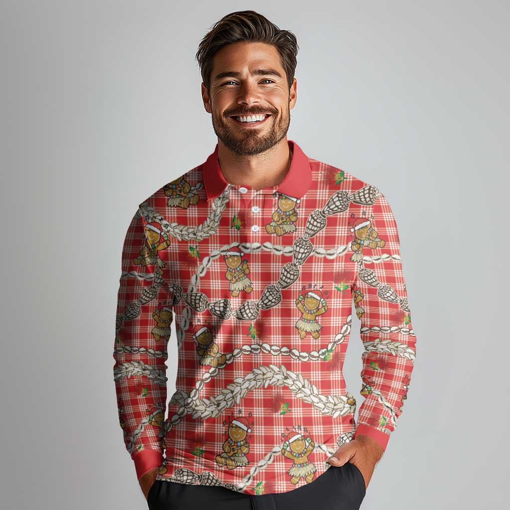 Red Palaka Hawaii Mele Kalikimaka Long Sleeve Polo Shirt Ohia Lehua Shell Leis Funny Gingerbread Santa LT14 - Polynesian Pride