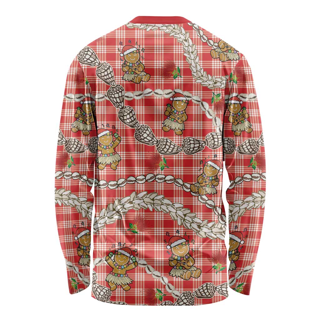 Red Palaka Hawaii Mele Kalikimaka Long Sleeve Shirt Ohia Lehua Shell Leis Funny Gingerbread Santa LT14 - Polynesian Pride