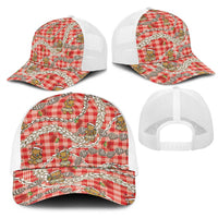 Red Palaka Hawaii Mele Kalikimaka Mesh Trucker Cap Ohia Lehua Shell Leis Funny Gingerbread Santa - Polynesian Pride