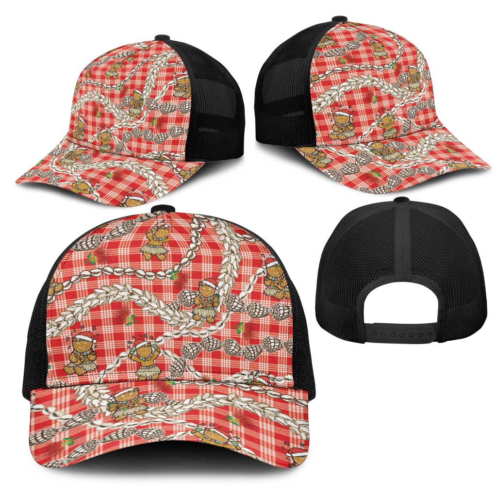 Red Palaka Hawaii Mele Kalikimaka Mesh Trucker Cap Ohia Lehua Shell Leis Funny Gingerbread Santa - Polynesian Pride