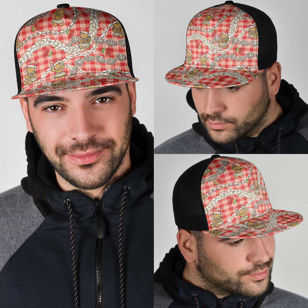 Red Palaka Hawaii Mele Kalikimaka Mesh Trucker Cap Ohia Lehua Shell Leis Funny Gingerbread Santa - Polynesian Pride