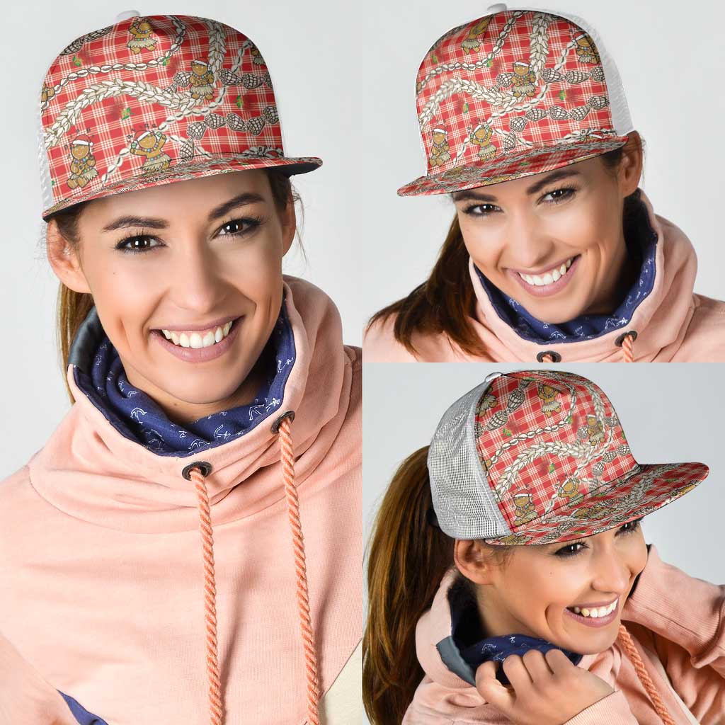 Red Palaka Hawaii Mele Kalikimaka Mesh Trucker Cap Ohia Lehua Shell Leis Funny Gingerbread Santa - Polynesian Pride