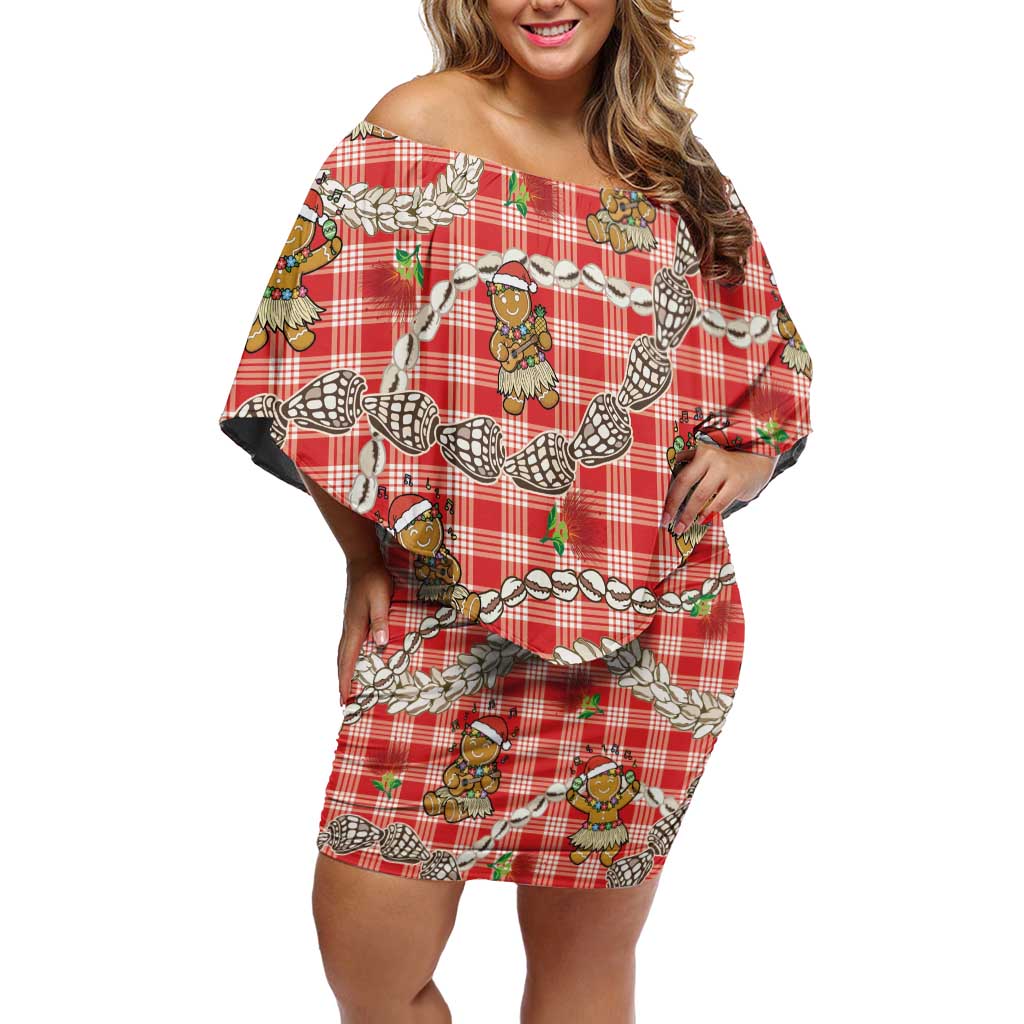 Red Palaka Hawaii Mele Kalikimaka Off Shoulder Short Dress Ohia Lehua Shell Leis Funny Gingerbread Santa LT14 Women Red - Polynesian Pride